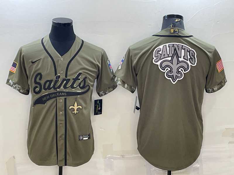 Mens New Orleans Saints Olive Salute to Service Team Big Logo Cool Base Stitched Baseball Jersey
